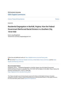 Residential Segregation in Norfolk, Virginia: How the Federal Government Reinforced Racial Division in a Southern City, 1914-1959