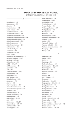 Index of Subjects (Key Words) Lankesteriana Vol