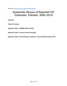 Systematic Review of Reported HIV Outbreaks, Pakistan, 2000–2019