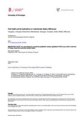 Oral Health and Its Implications on Male-Female Dietary Differences Vergidou, Chryssa; Karamitrou-Mentessidi, Georgia; Voutsaki, Sofia; Nikita, Efthymia