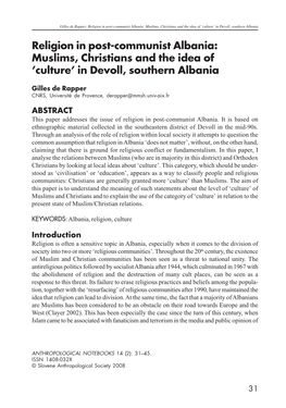 Religion in Post-Communist Albania: Muslims, Christians and the Idea of ’Culture’ in Devoll, Southern Albania