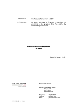 The Resource Management Act 1991 an Inquiry Pursuant to Schedule 1 RMA Into the Provisions of the Proposed One Plan Notified By