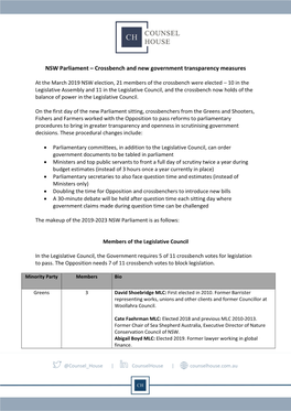 NSW Parliament – Crossbench and New Government Transparency Measures