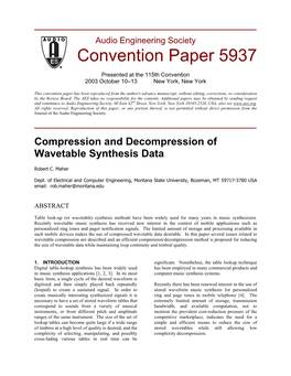 Compression and Decompression of Wavetable Synthesis Data