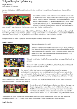 Tokyo Olympics Updates #15 Day 9 - Evening Nine Medals for Jamaica!