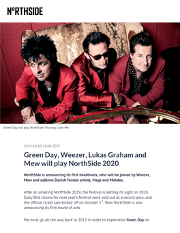 Green Day, Weezer, Lukas Graham and Mew Will Play Northside 2020