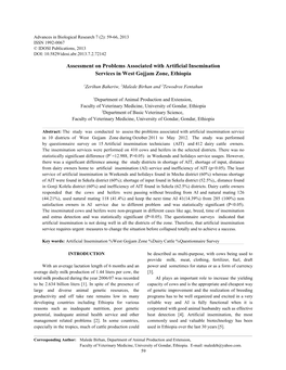 Assessment on Problems Associated with Artificial Insemination Services in West Gojjam Zone, Ethiopia