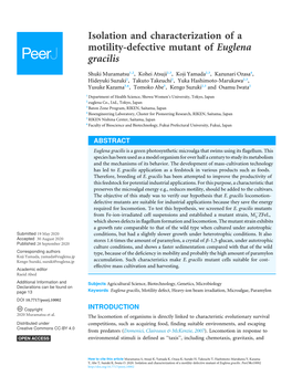 Isolation and Characterization of a Motility-Defective Mutant of Euglena Gracilis