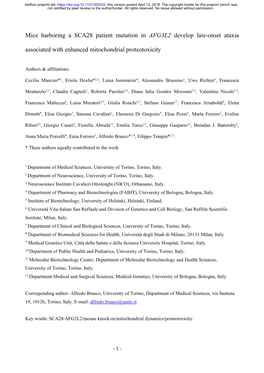 Mice Harboring a SCA28 Patient Mutation in AFG3L2 Develop Late-Onset Ataxia Associated with Enhanced Mitochondrial Proteotoxicity