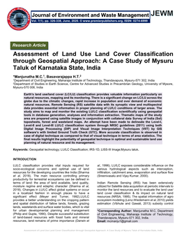 Assessment of Land Use Land Cover Classification Through Geospatial Approach: a Case Study of Mysuru Taluk of Karnataka State, India