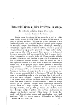 Plemenski Rječnik Ličko-Krbavske Županije. Po Službenim Podacima Krajem 1915