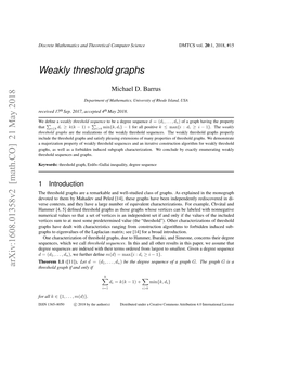 Weakly Threshold Graphs Arxiv:1608.01358V2 [Math.CO]