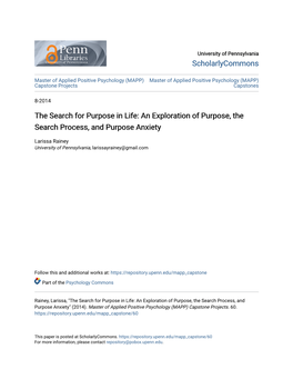 The Search for Purpose in Life: an Exploration of Purpose, the Search Process, and Purpose Anxiety