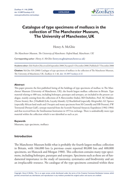 Catalogue of Type Specimens of Molluscs in the Collection of the Manchester Museum, the University of Manchester, UK