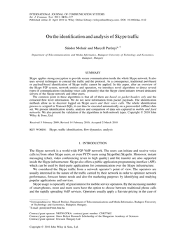 ON the IDENTIFICATION and ANALYSIS of SKYPE TRAFFIC 95 Data Transfer, Which Makes Internet-Based Telephony Even More Cost Efﬁcient