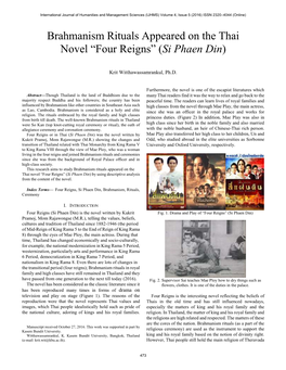 Brahmanism Rituals Appeared on the Thai Novel “Four Reigns” (Si Phaen Din)