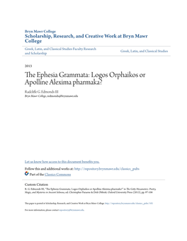 The Ephesia Grammata: Logos Orphaikos Or Apolline Alexima Pharmaka?