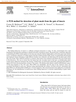 A PCR Method for Detection of Plant Meals from the Guts of Insects Carney D