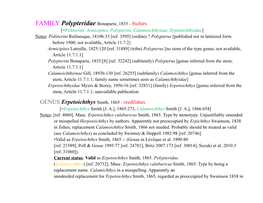 Polypteridae Bonaparte, 1835 - Bichirs [=Politterini, Armicipites, Polypterini, Calamoichthyinae, Erpetoichthyidae] Notes: Politterini Rafinesque, 1810B:33 [Ref