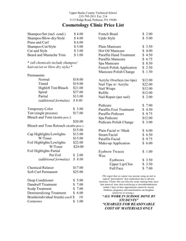 Cosmetology Clinic Price List