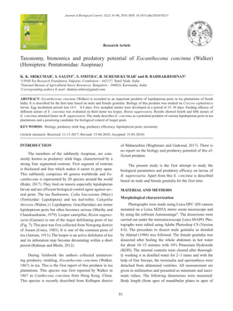 Taxonomy, Bionomics and Predatory Potential of Eocanthecona Concinna (Walker) (Hemiptera: Pentatomidae: Asopinae)