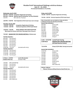 Weathertech® International Challenge with Brian Redman July 22 – 26, 2020 Provisional Schedule (7/15/2020)