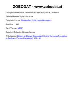Biology and Larval Diagnosis of Central European Neuroptera (A Review of Present Knowledge)