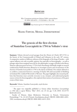 The Genesis of the First Election of Stanisław Leszczyński in 1704 in Voltaire’S View