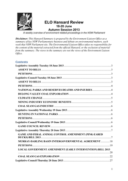 ELO Hansard Review 18-20 June Autumn Session 2013 a Weekly Overview of Environment Related Proceedings in the NSW Parliament