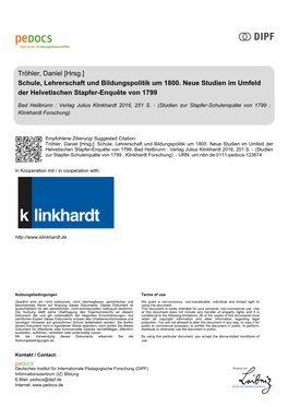 Schule, Lehrerschaft Und Bildungspolitik Um 1800. Neue Studien Im Umfeld Der Helvetischen Stapfer-Enquête Von 1799