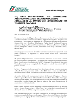 Linea Bari-Putignano (Via Conversano): Proseguono I Lavori Di Ammodernamento Sopralluogo Al Cantiere Per L’Interramento Tra Triggiano E Capurso