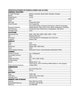 Specifications of Nokia Lumia