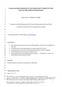 Oxygen Potential Calculations for Conventional and Cr-Doped UO2 Fuels 2 Based on Solid Solution Thermodynamics