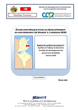 République Tunisienne Étude Stratégique Pour Le Développement Du Gouvernorat De Mahdia À L'horizon 2030