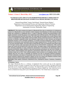 Water Quality Impacts of Hydropower Project Operation in Bhotekoshi River Basin Sindhulpalchowk District in Nepal