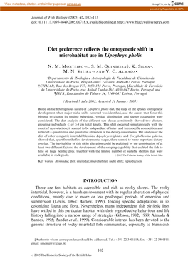 Diet Preference Reflects the Ontogenetic Shift in Microhabitat Use in Lipophrys Pholis