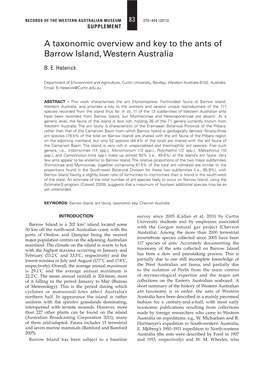 A Taxonomic Overview and Key to the Ants of Barrow Island, Western Australia