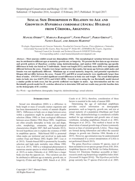 Sexual Size Dimorphism in Relation to Age and Growth in Hypsiboas Cordobae (Anura: Hylidae) from Córdoba, Argentina