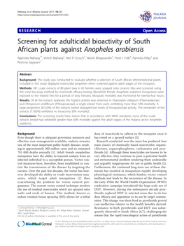 Screening for Adulticidal Bioactivity of South African Plants Against