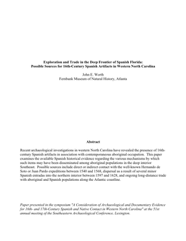 Exploration and Trade in the Deep Frontier of Spanish Florida: Possible Sources for 16Th-Century Spanish Artifacts in Western North Carolina