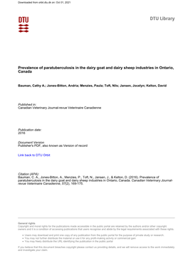 Prevalence of Paratuberculosis in the Dairy Goat and Dairy Sheep Industries in Ontario, Canada