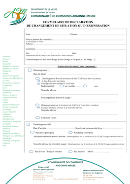 Communauté De Communes Argonne-Meuse Formulaire De Declaration De Changement De Situation Ou D'exoneration