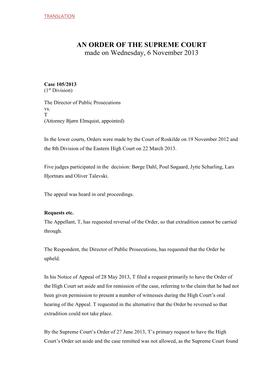 AN ORDER of the SUPREME COURT Made on Wednesday, 6 November 2013