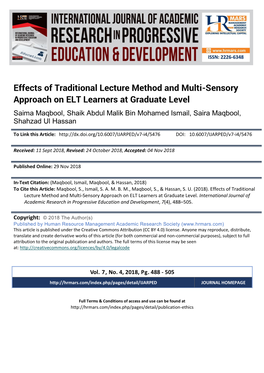 Effects of Traditional Lecture Method and Multi-Sensory Approach on ELT Learners at Graduate Level