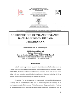 Agriculture Et Transhumance Dans La Region De Bas- Fiherenana