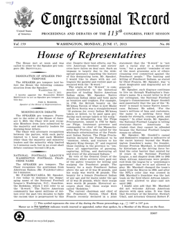 Congressional Record United States Th of America PROCEEDINGS and DEBATES of the 113 CONGRESS, FIRST SESSION