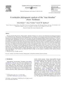 A Molecular Phylogenetic Analysis of the ''True Thrushes'' (Aves: Turdinae)