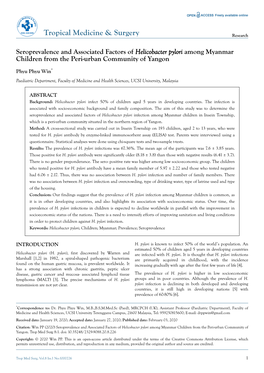 Seroprevalence and Associated Factors of Helicobacter Pylori Among Myanmar Children from the Peri-Urban Community of Yangon