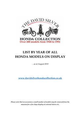 List by Year of All Honda Models on Display