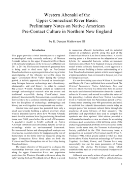 Western Abenaki of the Upper Connecticut River Basin: Preliminary Notes on Native American Pre-Contact Culture in Northern New England